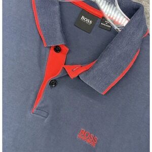 Hugo Boss Polo Shirt Mens M Navy Blue Red Trim Cotton Pique Logo Short Sleeve